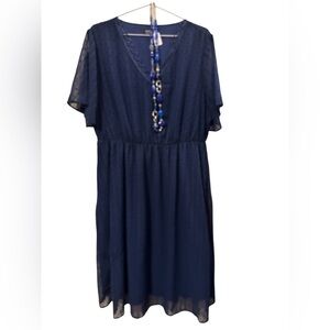BloomChic Navy Midi Dress with blue fashion necklace